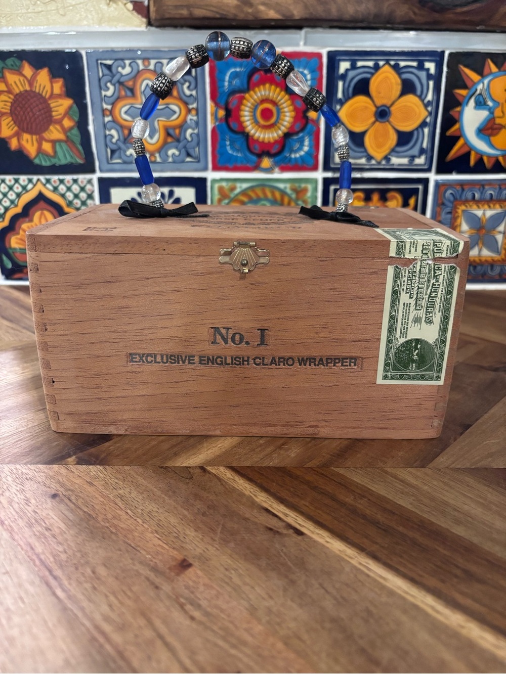 Vintage Wooden No. I Cigar Box with Blue Beaded Handle- super unique purse! OOAK